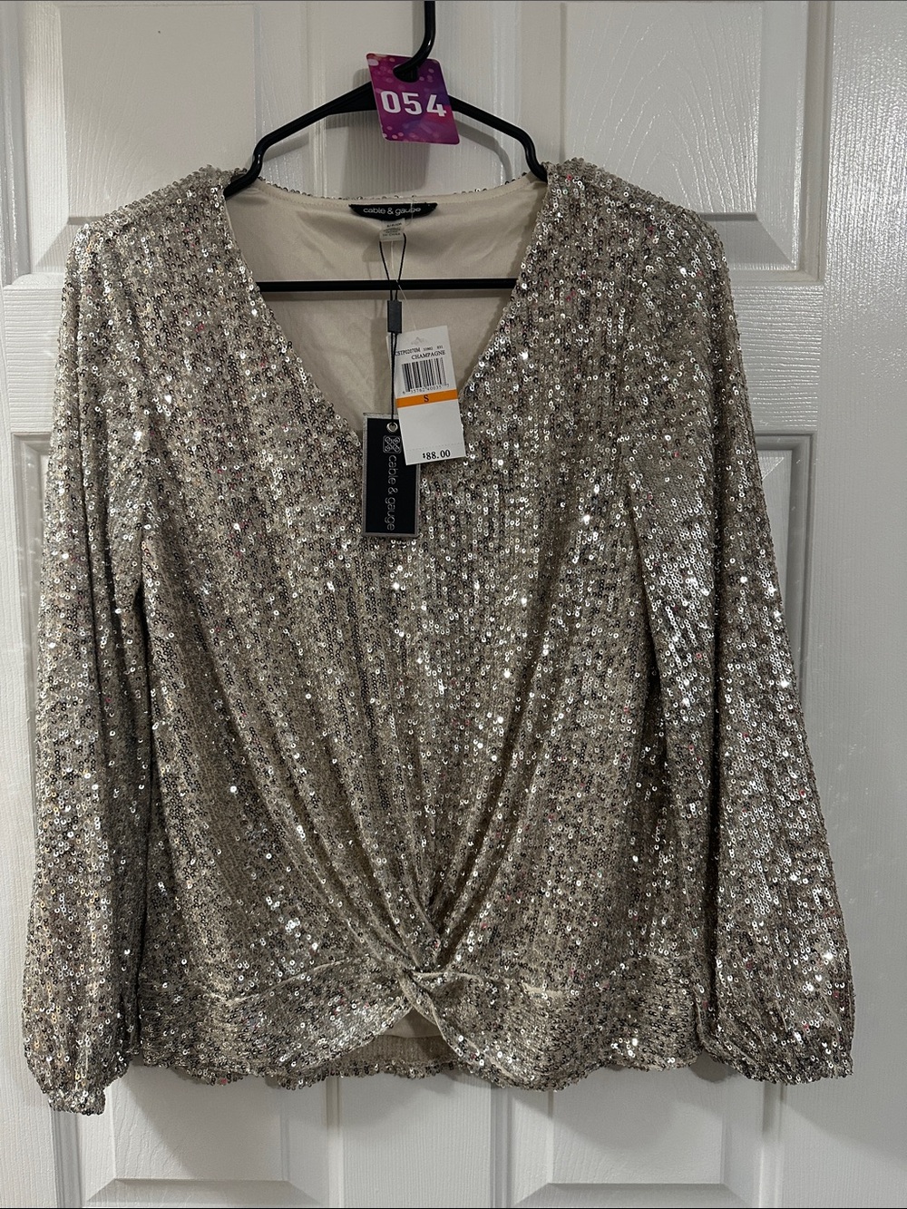 Cable & Gauge Champagne Sequin Twist-Front V-Neck Blouse